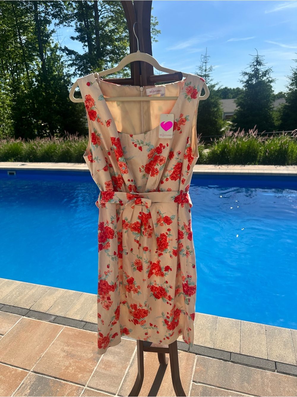 Sleeveless Cream Midi Dress with Red Floral Print and Tie Waist
